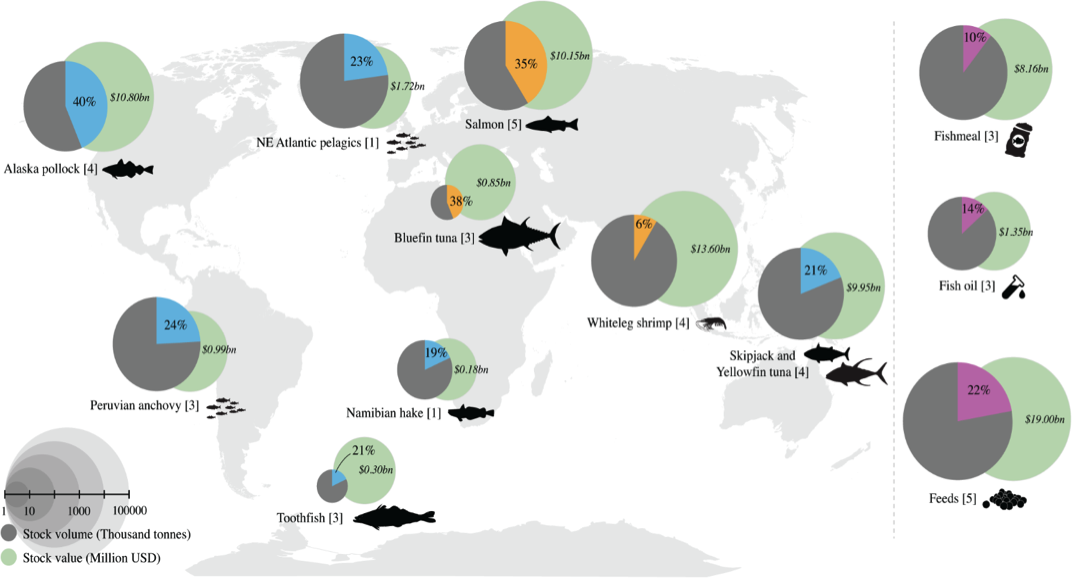Globally important wild fish stocks by volumes (grey circles with blue wedges), aquaculture production volumes (orange wedges), and global fishmeal, fish oil and aqua feeds (salmon, shrimp and whitefish feeds combined) volumes (purple wedges), and their corresponding economic value (green circles). The proportion of each stock controlled by the keystone actors is indicated by the size of the wedge. The number of companies active in each stock is shown within brackets. 