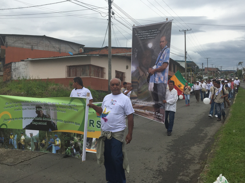 On April 11, protesters angry over Salazar Calvo's death, many of them indigenous miners, march through the streets of Riosucio. Photo credit: Viviane Weitzner / Forest Peoples Programme.