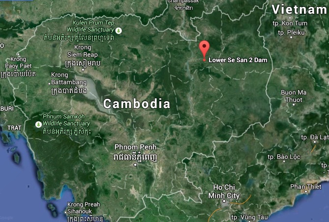 Map of Cambodia shows the site of the Lower Sesan 2 dam, now under construction. Map credit: Google Maps.