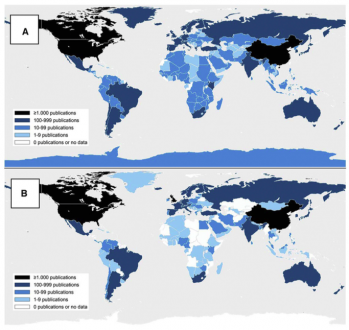 (A) Geographical distribution of publications concerning climate change in a specific country (see also Ref. Pasgaard and Strange, 2013). (B) Production of climate change publications based on first author affiliations.  Image from Pasgaard et al (2015)