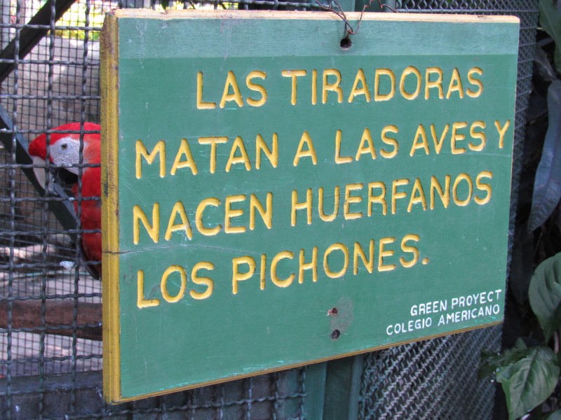 "Las tiradoras matan a las aves y nacen huérfanos los pichones" -- anuncio en el Zoológico Nacional de Nicaragua. Foto de Carlos Chávez.