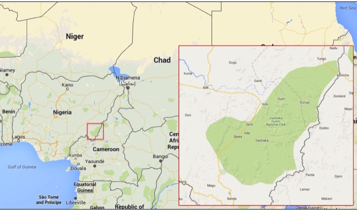 Map shows the location of Nigeria's Gashaka-Gumti National Park. Images courtesy of Google Maps. 