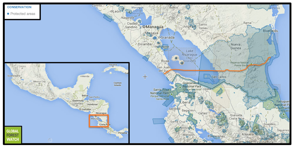 Approximate canal route across southern Nicaragua, including Lake Nicaragua. Image from Global Forest Watch.