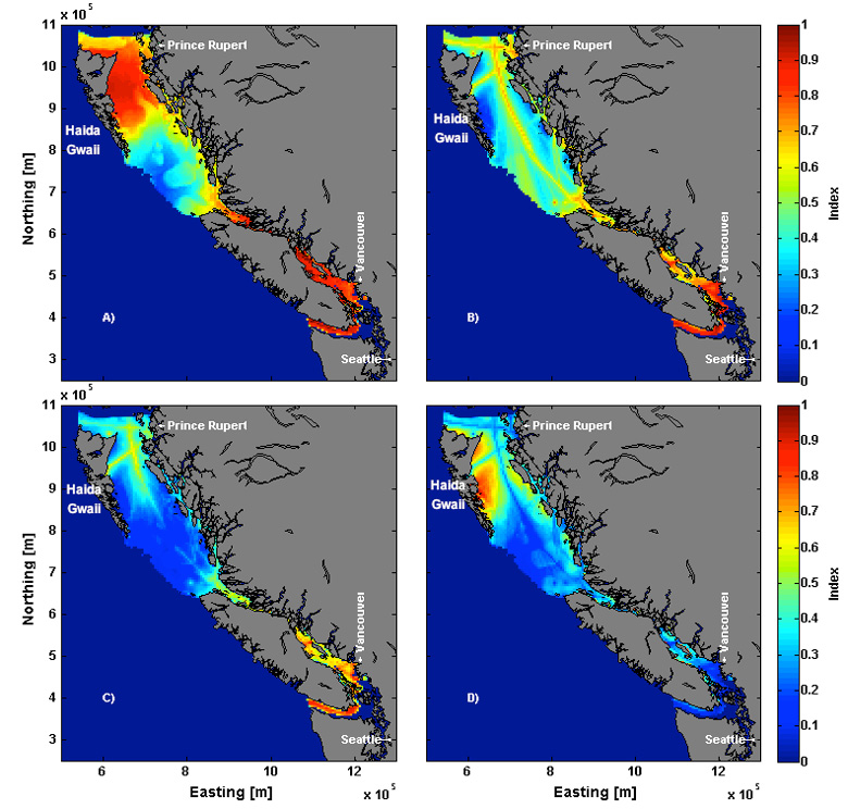 Example results using harbor porpoise data identifying high “risk” areas (high levels of animal density and anthropogenic noise) and high “opportunity” areas (high levels of animal density and low levels of anthropogenic noise).