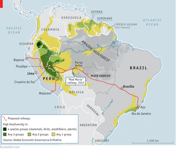 A map showing the proposed railway across the Amazon. Courtesy of The Economist.