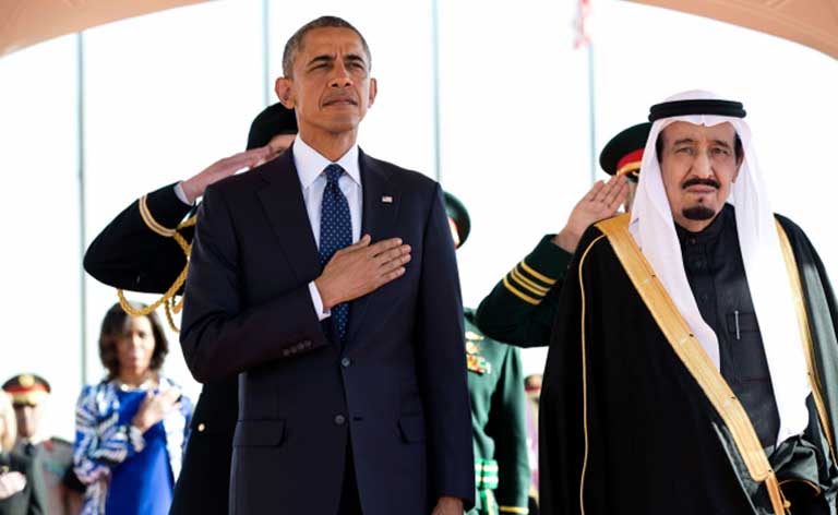 President Obama and King Salman of Saudia Arabia stand at attention during the U.S. national anthem on the president's visit in January 2015. Official White House Photo by Pete Souza