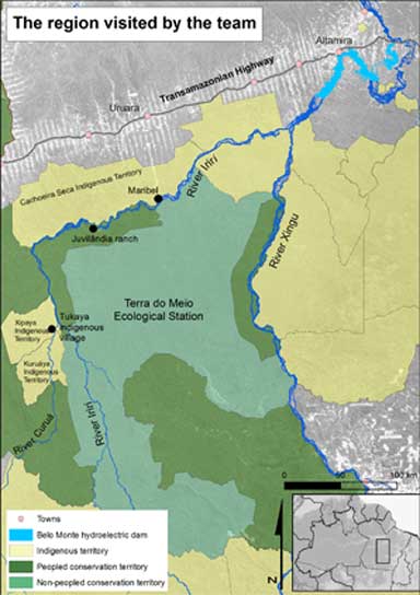 Map of the section of the Iriri river on which the fact-finding team traveled. Map created by Mauricio Torres