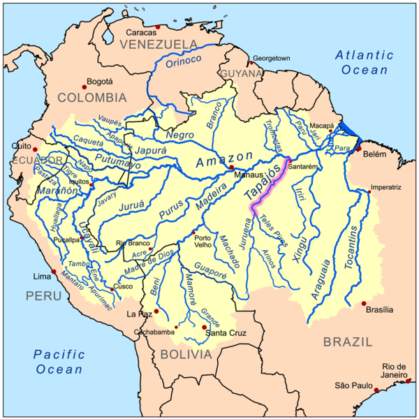 More than forty hydroelectric projects of varying size are planned for the Tapajós Basin. Among the biggest are 3 on the Tapajós River and 4 on its tributary the Jamanxim River — they would generate a combined total of 16,152 megawatts of electricity and create reservoirs covering 302,174 hectares (1,162 square miles). Map by Kmusser licensed under the Creative Commons Attribution-Share Alike 3.0 Unported license