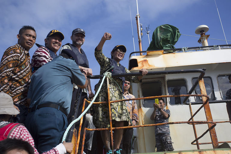 Indonesian Fisheries Minister Susi Pudjiastuti on board the Viking, prior to its destruction. Photo by Gary Stokes/Sea Shepherd Global.