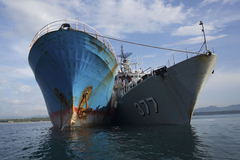 The Viking, alongside an Indonesian Navy vessel. Photo by Gary Stokes / Sea Shepherd Global.