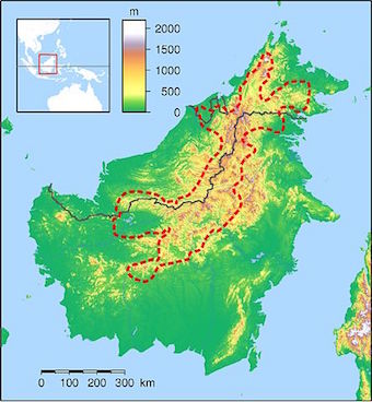 Map showing rough boundaries of the Heart of Borneo. Image by Elekhh/Wikimedia Commons. 