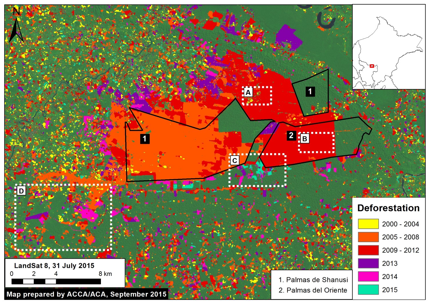  Deforestation within and around the two large-scale oil palm projects Palmas del Shanusi and Oriente. Data: PNCB, USGS, Grupo Palmas. Courtesy of MAAP.
