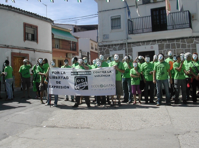 A 2012 protest in the town of El Gordo, Spain, denouncing violence against environmentalists. Activist Paca Blanco lived in the town at the time but left the next year as a result of harrassment, including attacks on her home with explosive devices. Photo courtesy of Ecologistas en Acción.