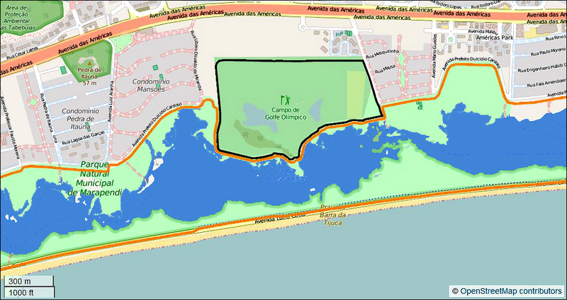 The Marapendi golf course (black outline) built within the Marapendi Natural Reserve for the 2016 Olympic Games in Rio de Janeiro, Brazil. Map © OpenStreetMap contributors, CC-BY-SA 2.0 / MotorOilStains