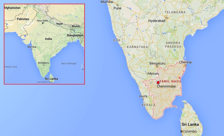 Map shows approximate location of Chennimalai in Tamil Nadu, India. Map courtesy of Google Maps. 