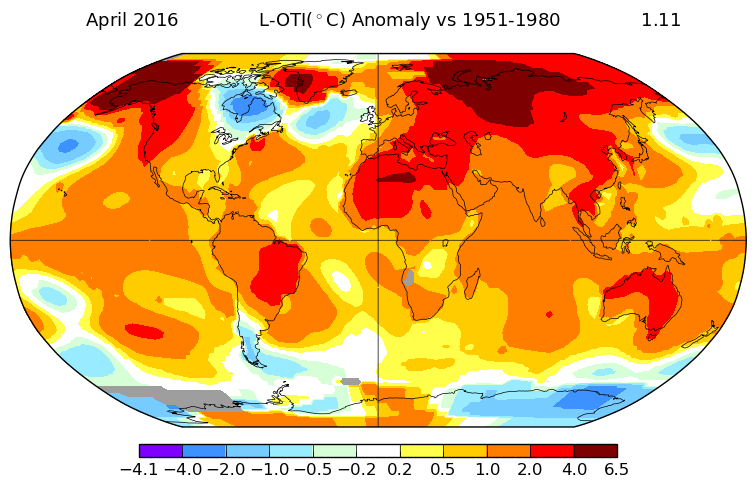 Temperature anomaly for April 2016 as compared to a 1951-1980 average baseline in degrees Celsius. Courtesy of NASA