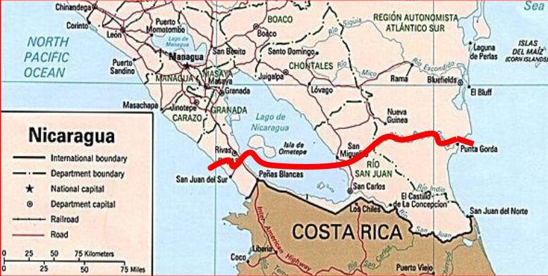 The proposed route of the Nicaragua Canal. Map by Ekem licensed under the Creative Commons Attribution-Share Alike 4.0 International license
