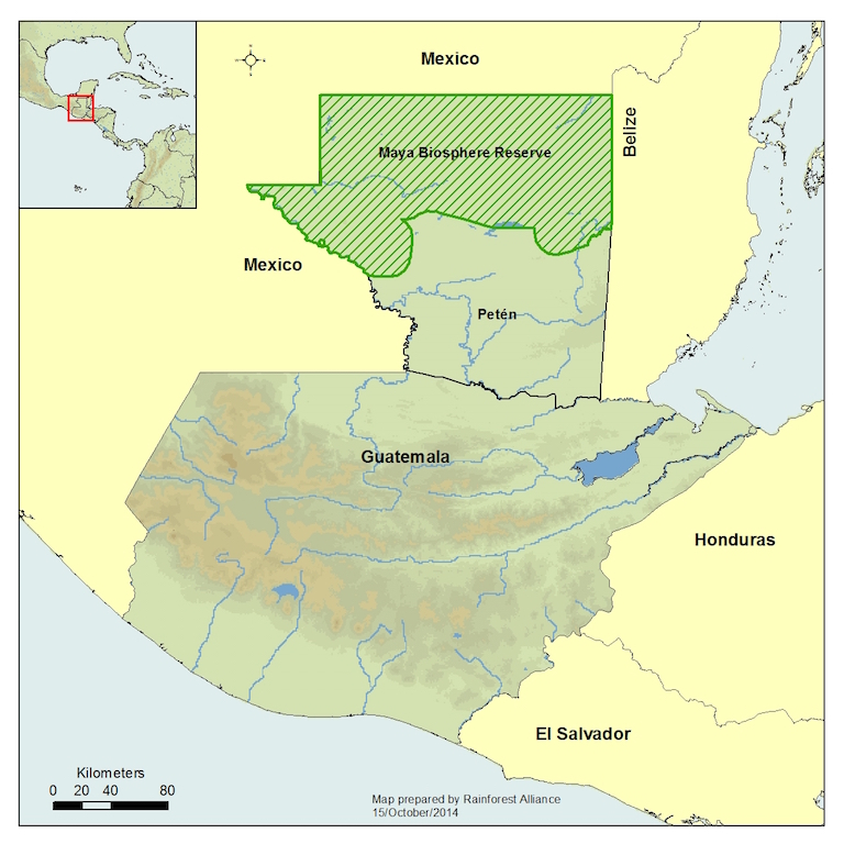 A map of Guatemala shows the shows the location of the Maya Biosphere Reserve, which covers about one-fifth of the country’s area. Map courtesy of the Rainforest Alliance. 