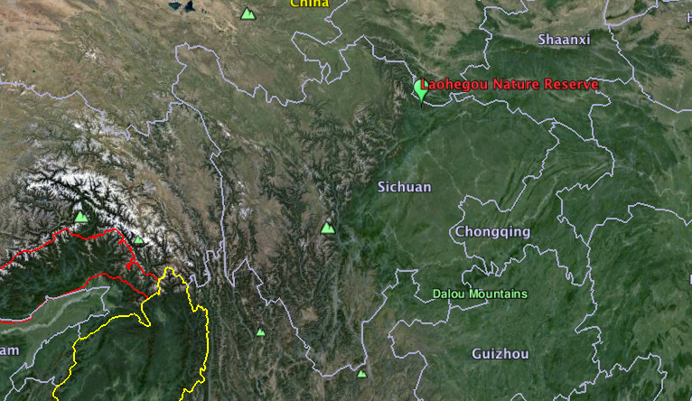 Map shows Laohegou Nature Reserve in Sichuan province, China. Map courtesy of Google Earth.