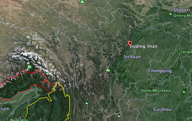 Map shows Jiuding Mountain in China's Sichuan Province. Map courtesy of Google Earth. 