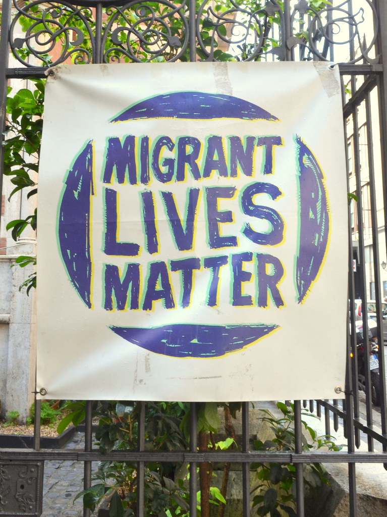 The Banner outside the Joel Nafuma Refugee Center in central Rome. The provides shelter and activities for hundreds of refugees daily. Photo by Justin Catanoso