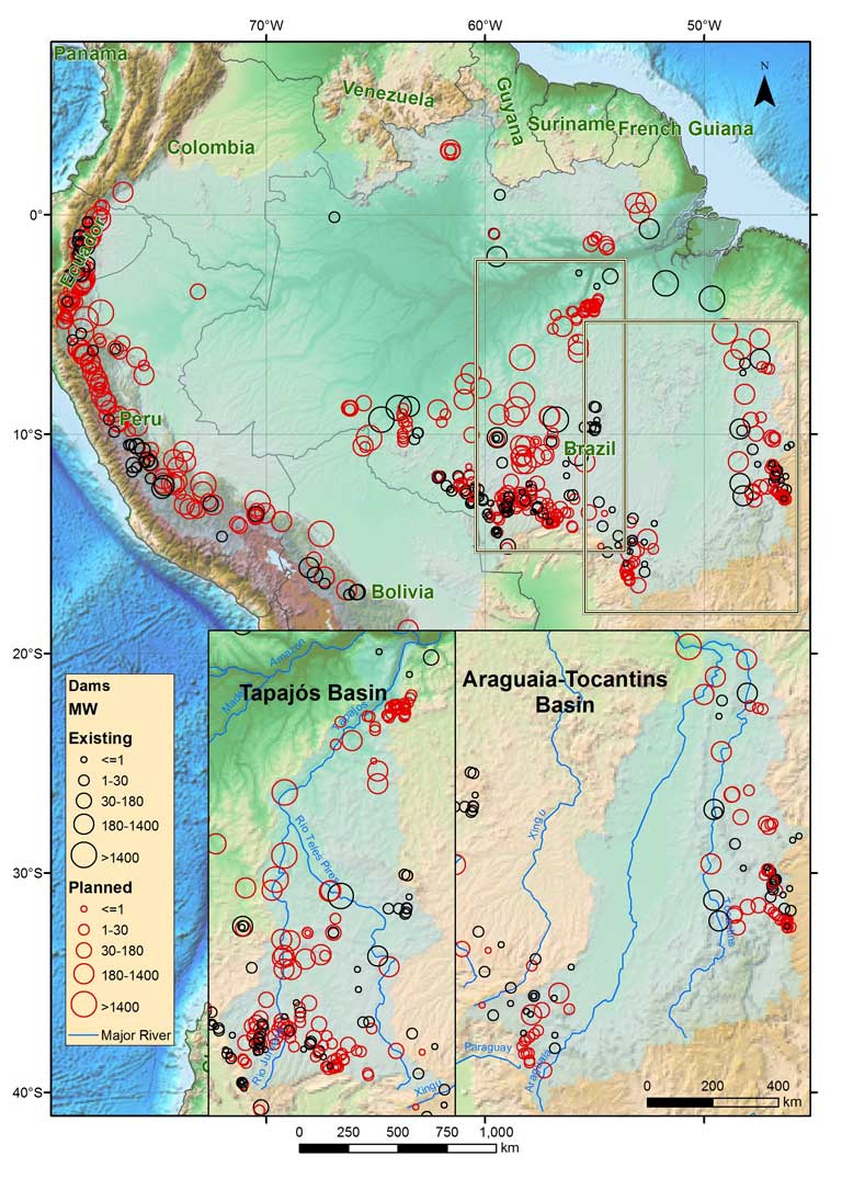 A map showing the distribution of dams in Amazonia, with circle size representing power output. Red circles show where hundreds of dams have been proposed, with high concentrations in the Andes headwater regions and the Tapajós watershed. Image courtesy of Alexander Lees