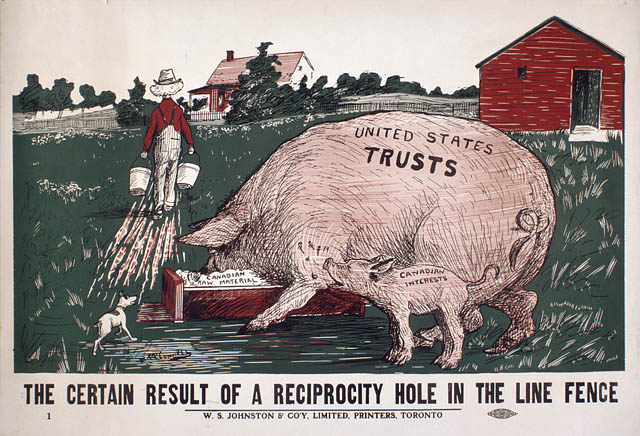 Well before NAFTA, Canadians feared the impact of trade deals with big American corporations. A 1911 Conservative campaign poster warns that the big American companies ("trusts") will hog all the benefits of reciprocity as proposed by Liberals, leaving little left over for Canadian interests. Image in the public domain