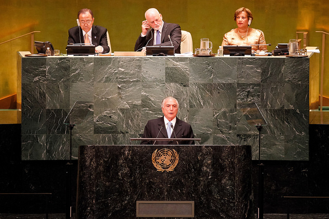 President Michel Temer of Brazil at the opening of the 71th session of the United Nations General Assembly in mid-September 2016. Photo by Beto Barata/PR on flickr Attribution-NonCommercial-ShareAlike 2.0 Generic (CC BY-NC-SA 2.0) 
