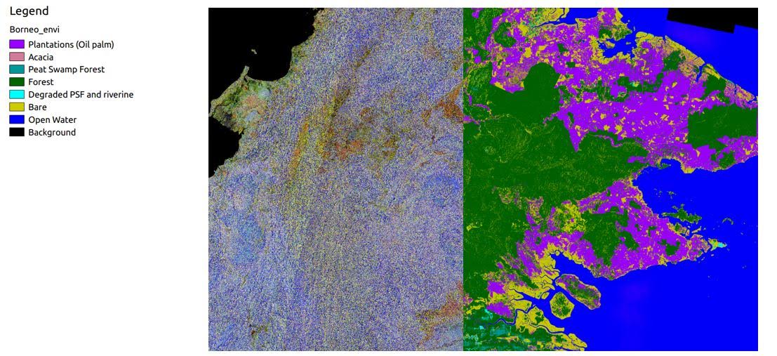 An image of Sabah, Malaysia, demonstrates Starling's radar capability. The left side shows untreated radar images, the right side the land-cover classification extracted from radar. ©SarVision 2016