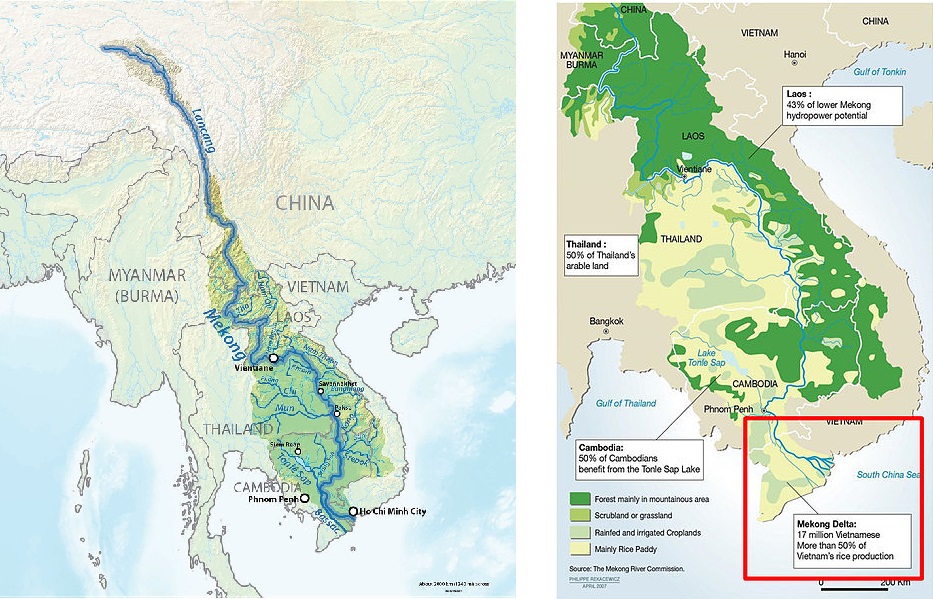 Left: The Mekong River and its watershed. The river originates in the Tibetan Plateau of China, where it is known as the Lancang River; it then proceeds through Myanmar, Thailand, Laos, Cambodia and Vietnam. Right: The lower Mekong basin. The river empties into the South China Sea. Images courtesy of Wikipedia and Penprapa Wut/Wikimedia Commons