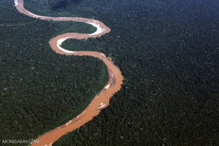 An aerial view of an Amazon tributary. Observers say that thanks in part to the role of the media, the World Bank suspended payments to the Polonoreste project in northern Brazil. The World Bank, however, denies that the media had any influence on its decision. Photo by Rhett A. Butler