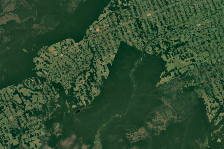 NASA / Google Earth satellite image showing deforestation in the Brazilian Amazon, São Miguel do Guaporé - State of Rondônia.