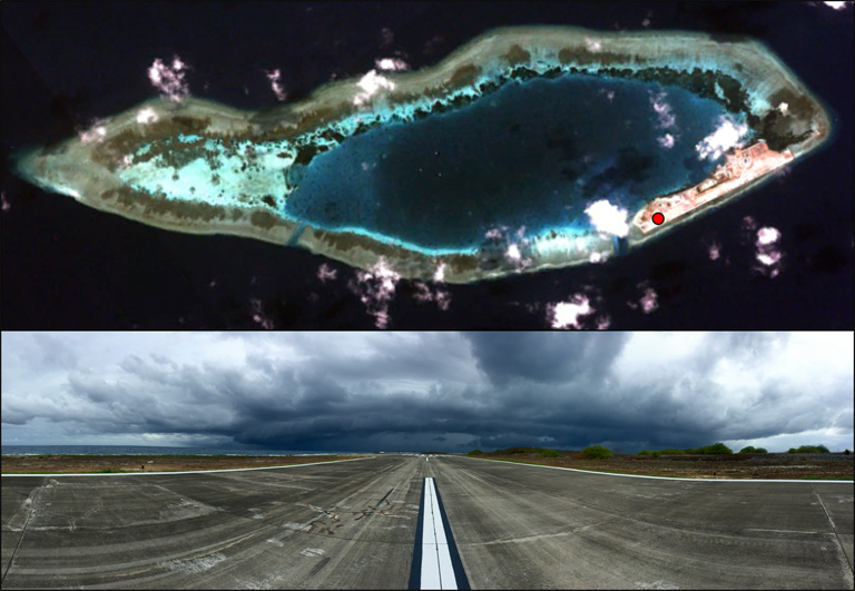 Swallow Reef atoll is administered by the Malaysian government, and houses a small navy base and diving facility (top image). A view of the atoll from the runway on Swallow Reef, as a tropical storm approaches in 2016 (bottom image)