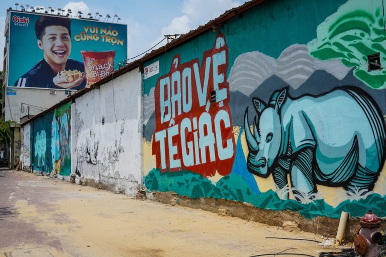 A graffiti picture that is part of a campaign to save the rhino in Ho Chi Minh City, Vietnam. Photo by Michael Tatarski for Mongabay.