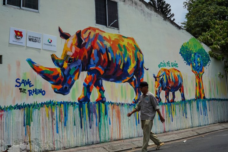 A passerby looks at a picture that is part of a campaign to save the rhino in Ho Chi Minh City, Vietnam. Photo by Michael Tatarski for Mongabay.