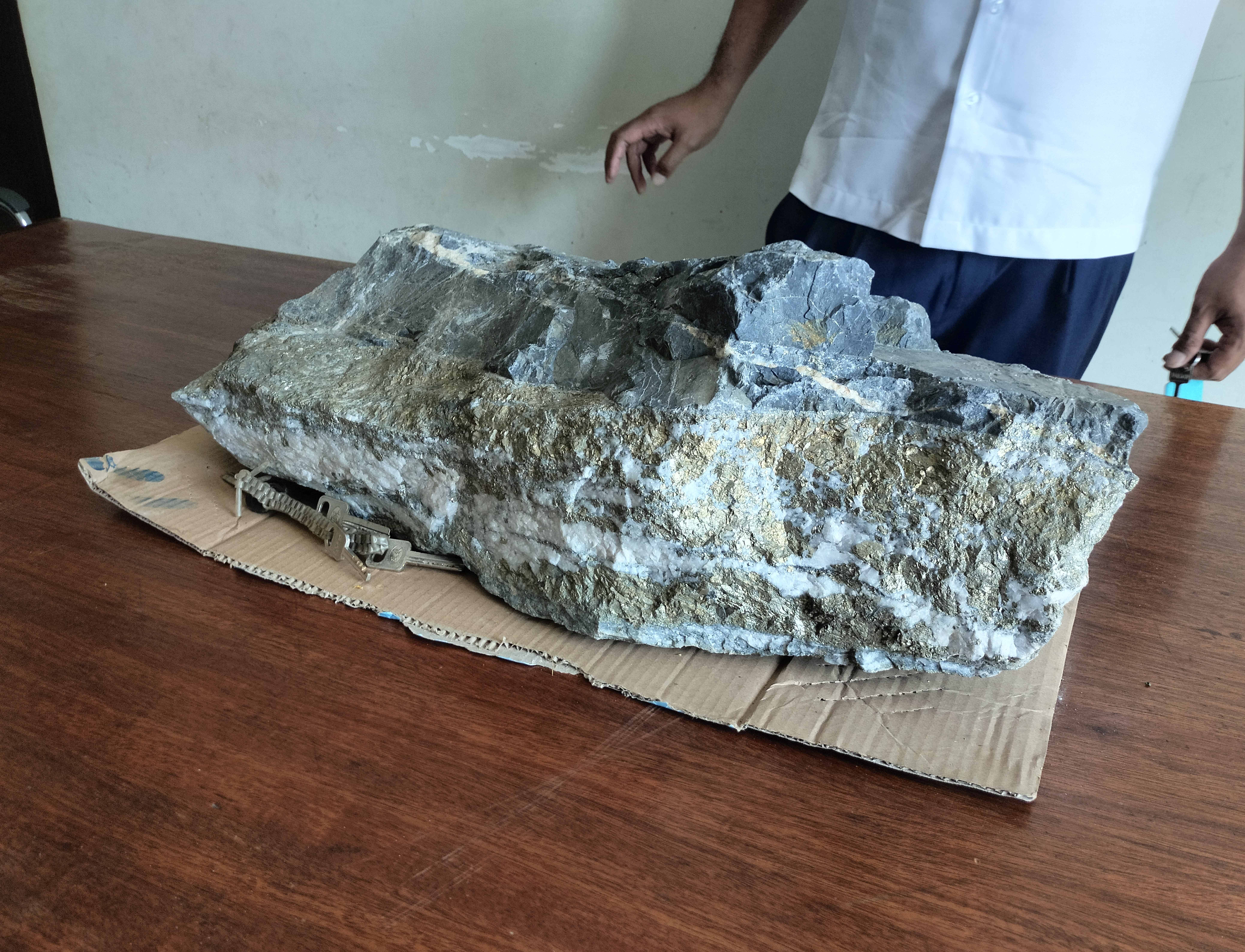 On the desk, inside the foyer by the entrance to the Kampong Thom Provincial Department of Mines and Energy, a large lump of gold ore sits on a desk. Staff confirmed the ore is from Late Cheng's mine in Prey Lang. Image by Gerald Flynn / Mongabay.