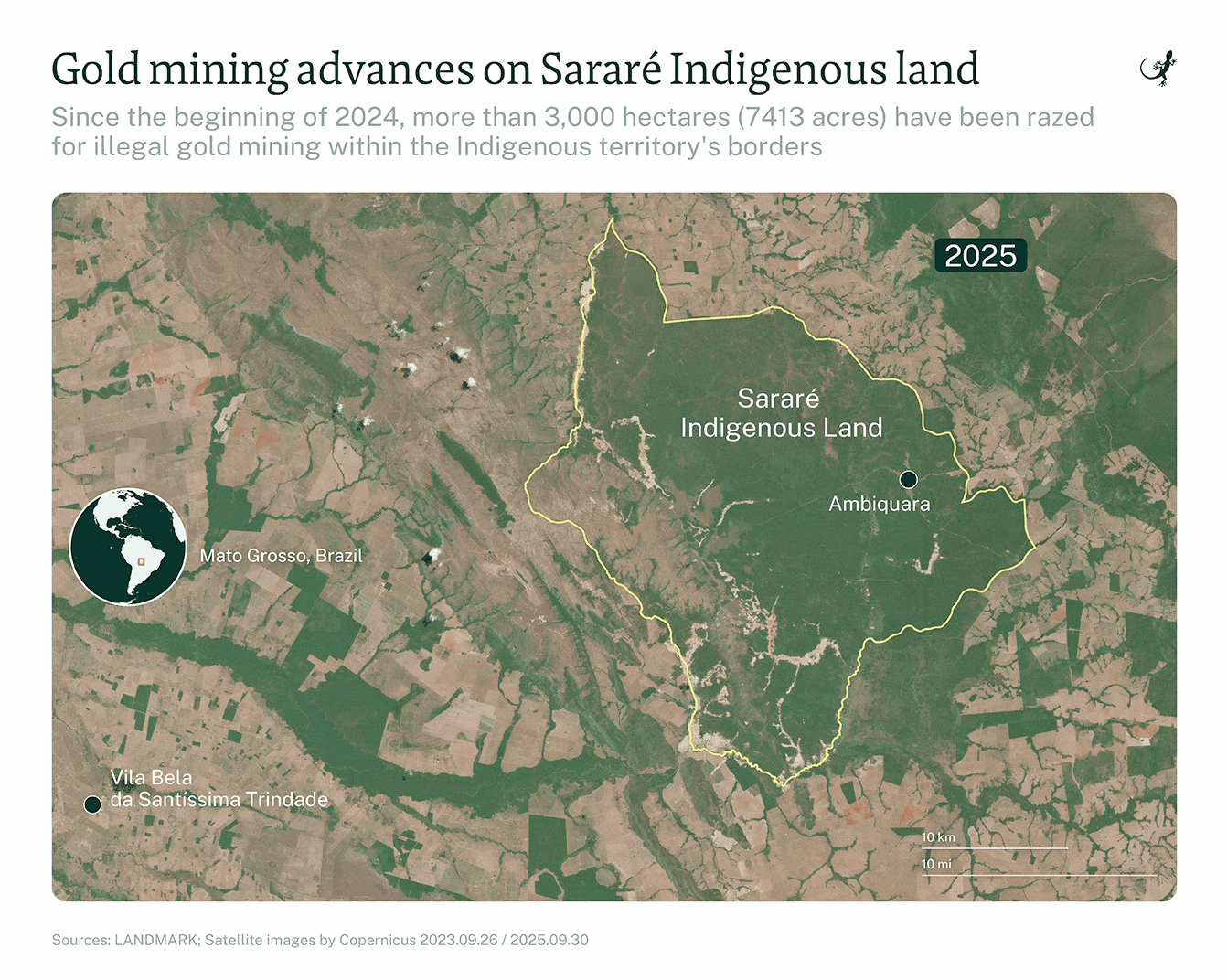 Gold mining advances on Sararé Indigenous land. Since the beginning of 2024, mroe than 3,00 hectares (7413 acres) have been razed for illegal gold mining within the Indigenous territory's borders.