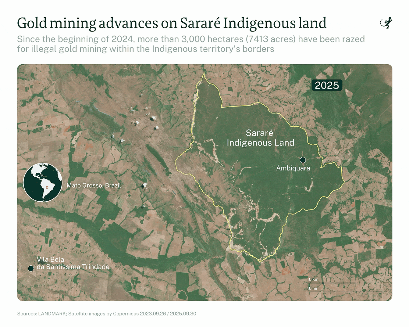 Gold mining advances on Sararé Indigenous land. Since the beginning of 2024, mroe than 3,00 hectares (7413 acres) have been razed for illegal gold mining within the Indigenous territory's borders.